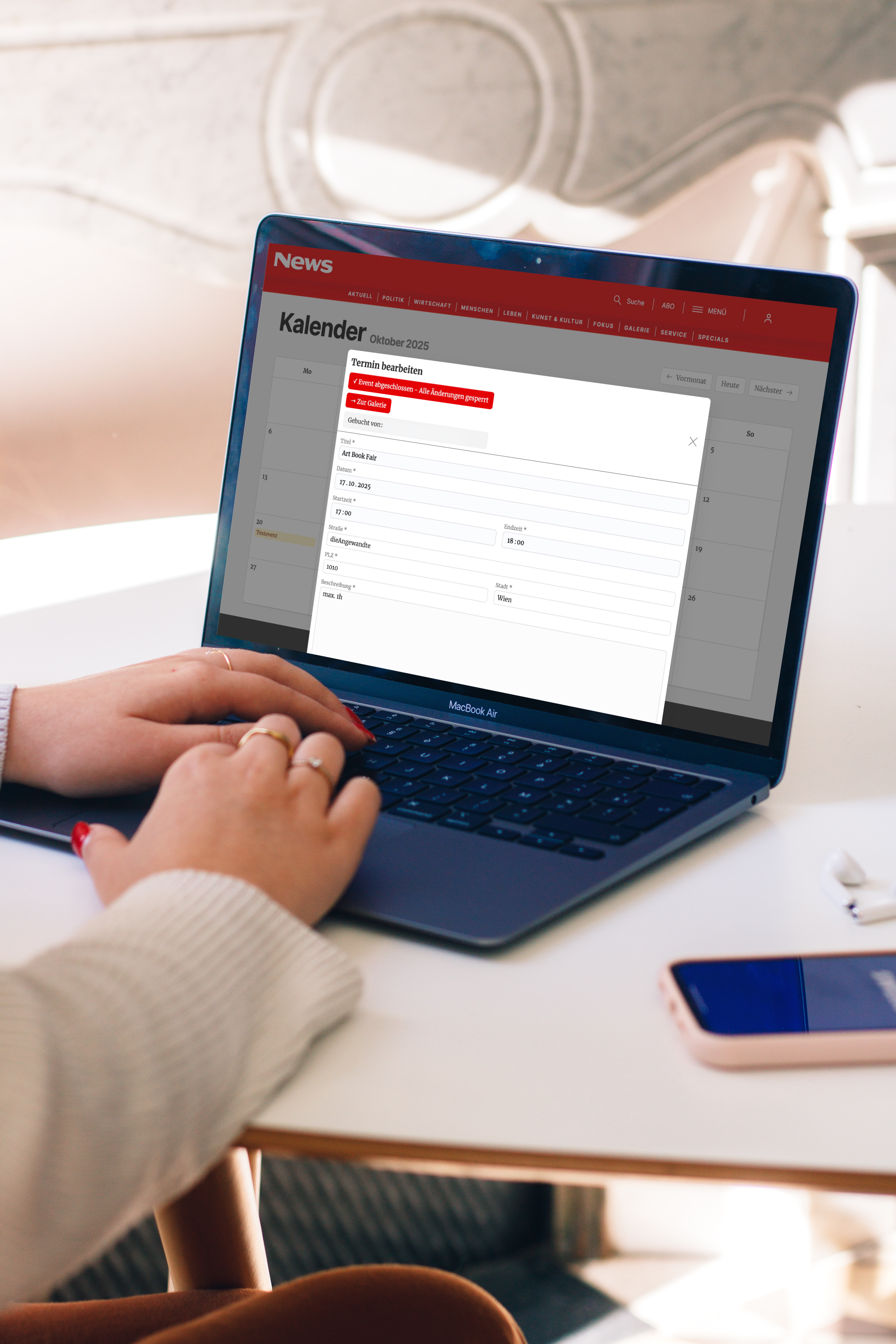 Screenshot of news booking tool